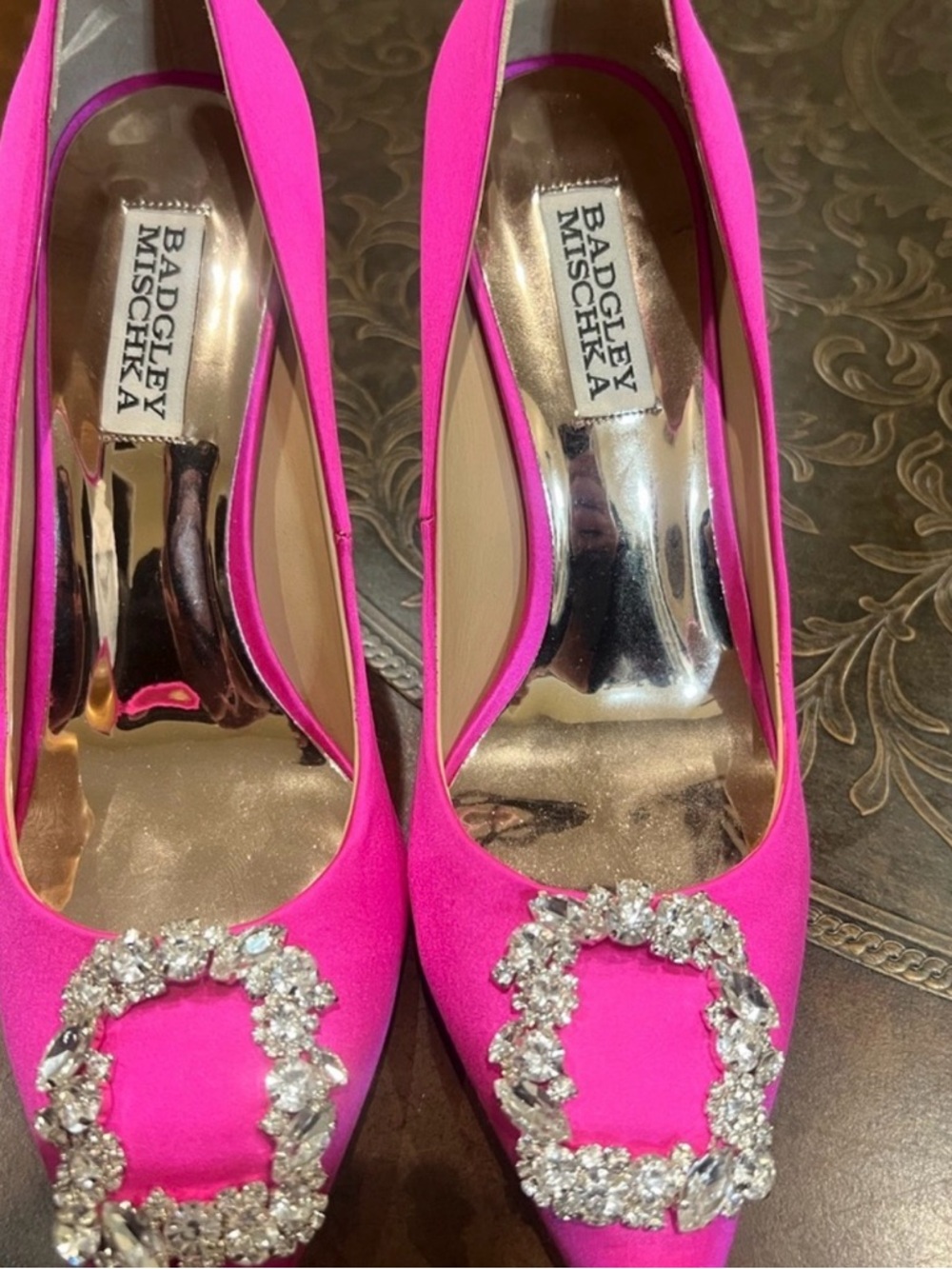 Badgley Mischka Pink Satin Pointed-Toe Crystal Buckle Pump - Picture 2 of 6